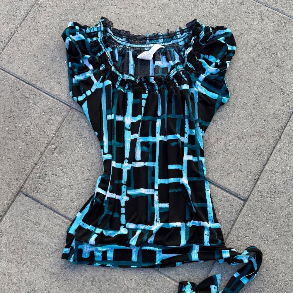 Heart Soul Blue Black Geometric Smocked Blouse Top XL 22431IA698